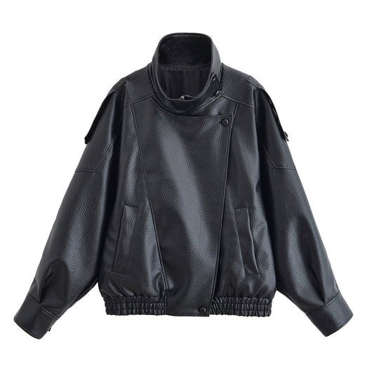 Women's 2025 fashion black stand collar patterned leather jacket Coat