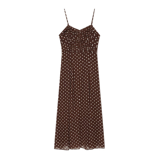 Women's polka dot chiffon suspender MIDI dress
