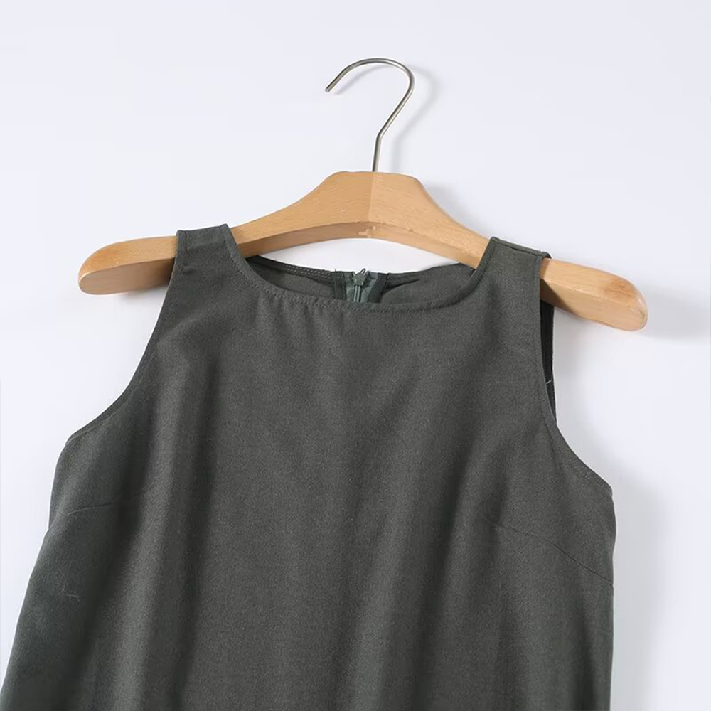 Women's solid sleeveless linen blended MIDI dress