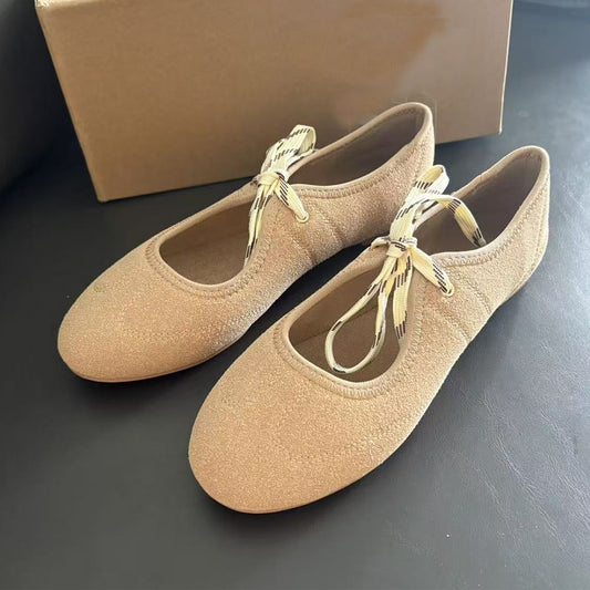 2026 women's new thin-soled round-headed shallow lace-up shoes