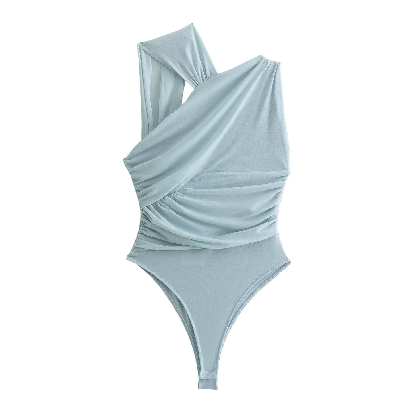 Women's 2025 new fashion tight pleated Printed tulle bodysuit