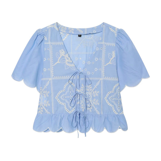 Women's bow decoration hollow embroidery shirt