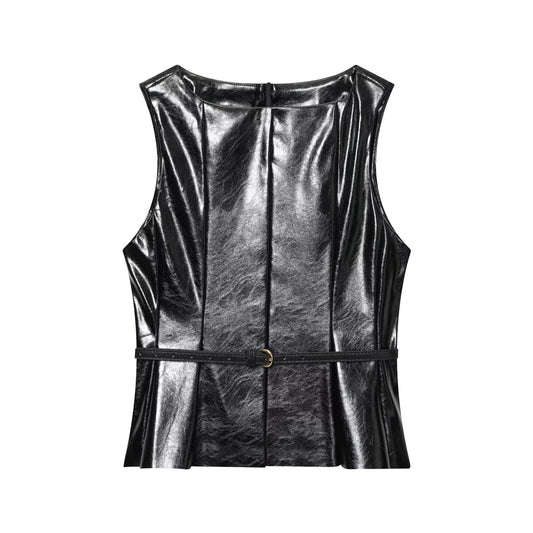 Women's New With Belt Short Faux Leather Effect Top