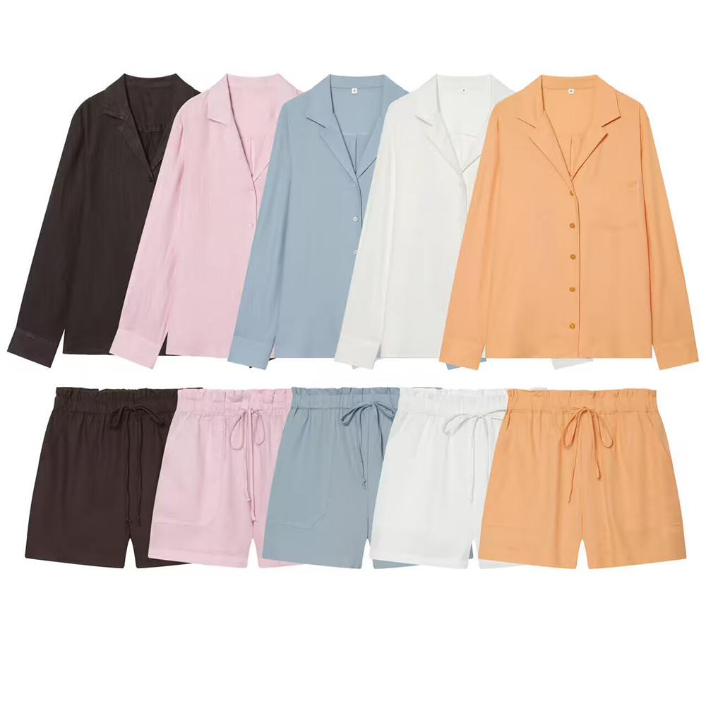 suit Women's 2 pieces pocket decoration linen blend shirt+Pants+ Shorts