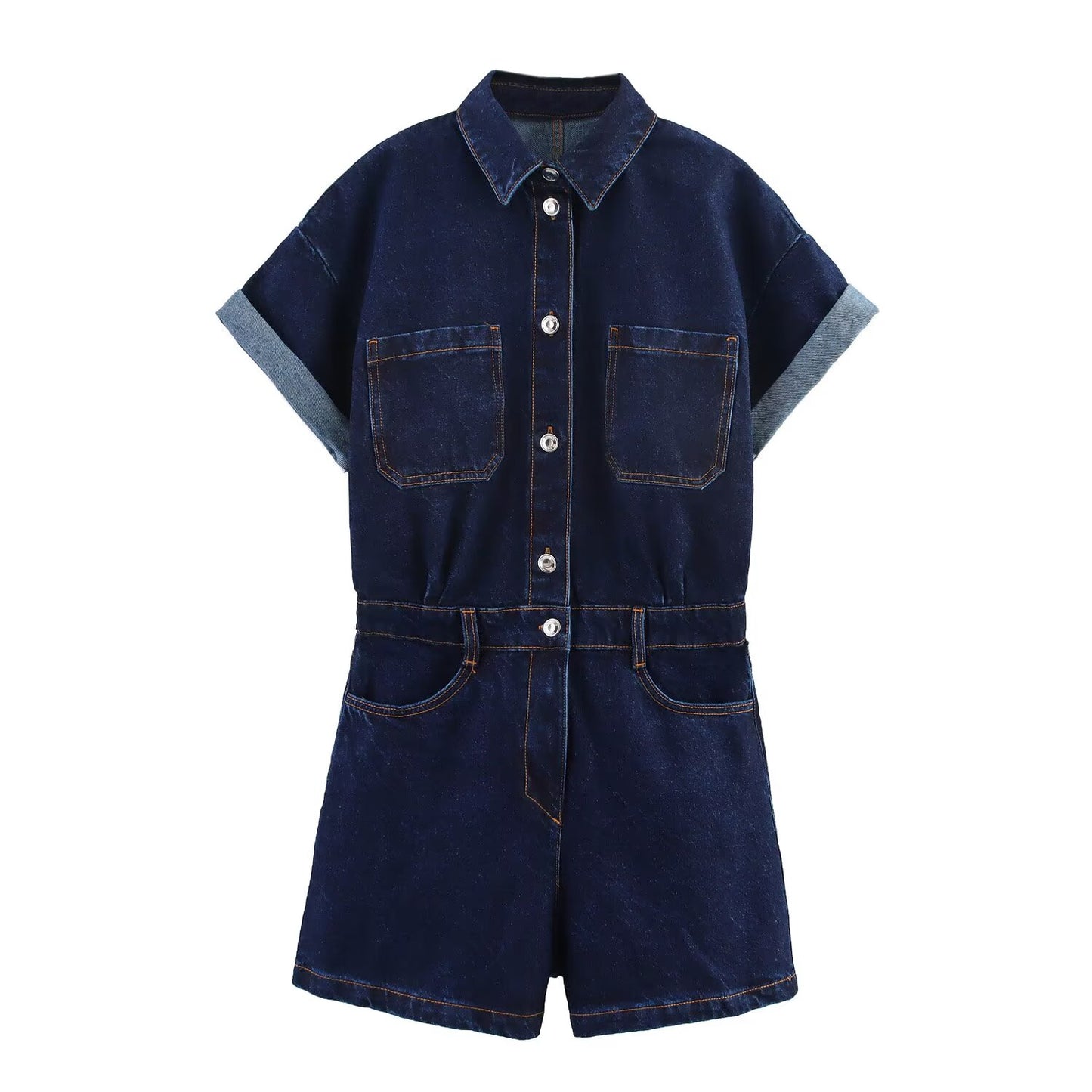 Women's new fashion short sleeved single breasted denim jumpsuit