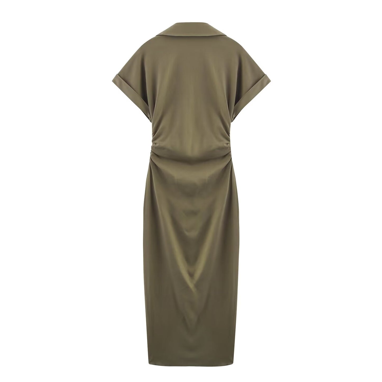Women's new chic fashion pleated decoration slim single breasted linen blended MIDI dress retro short sleeved women's dress