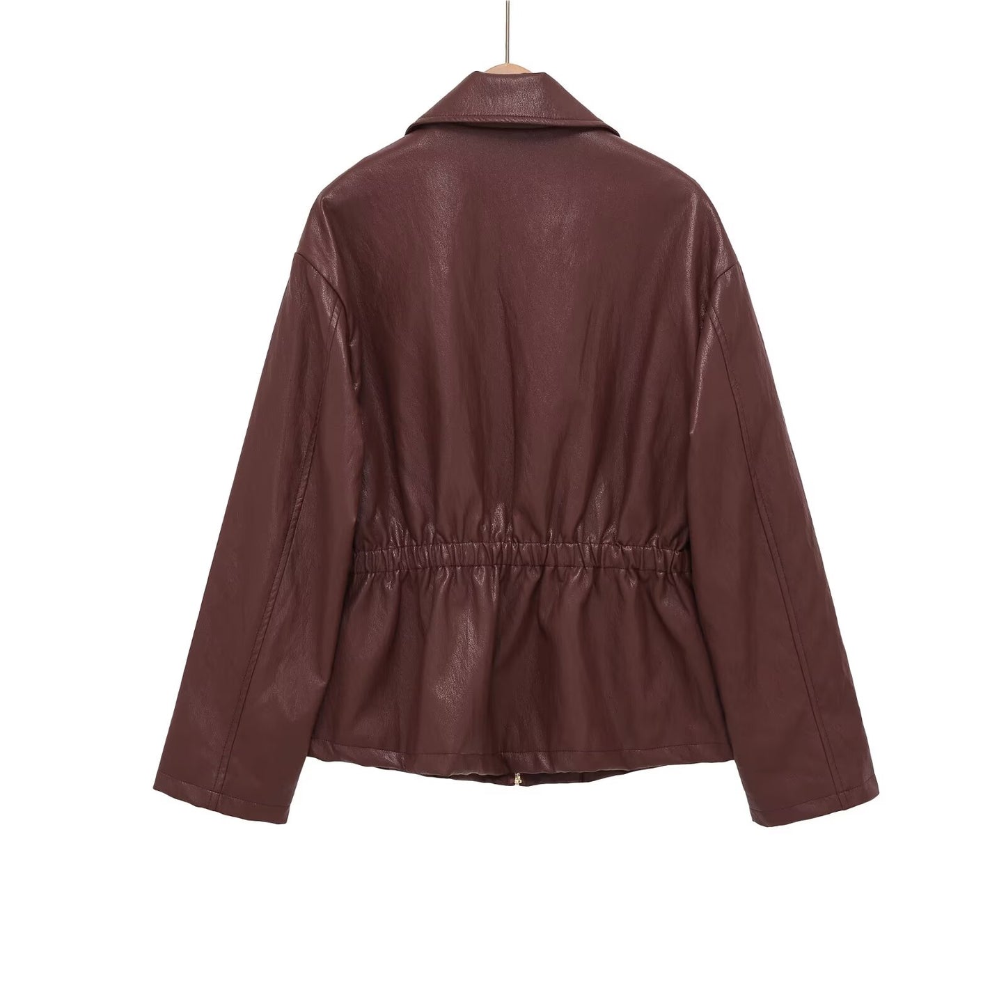 Women's elastic waist lapel Faux Leather jacket Coat