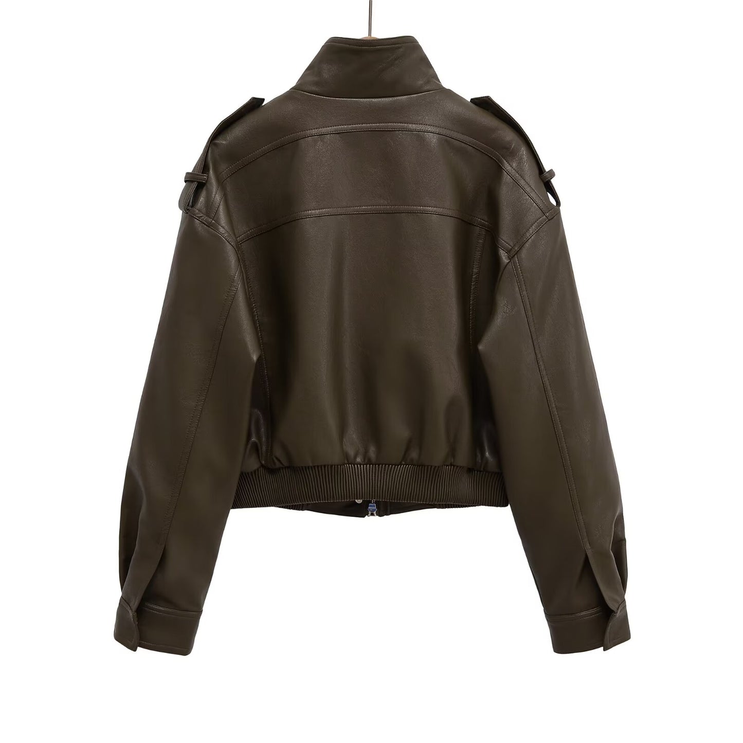 Women's short standing collar Faux Leather jacket Coat