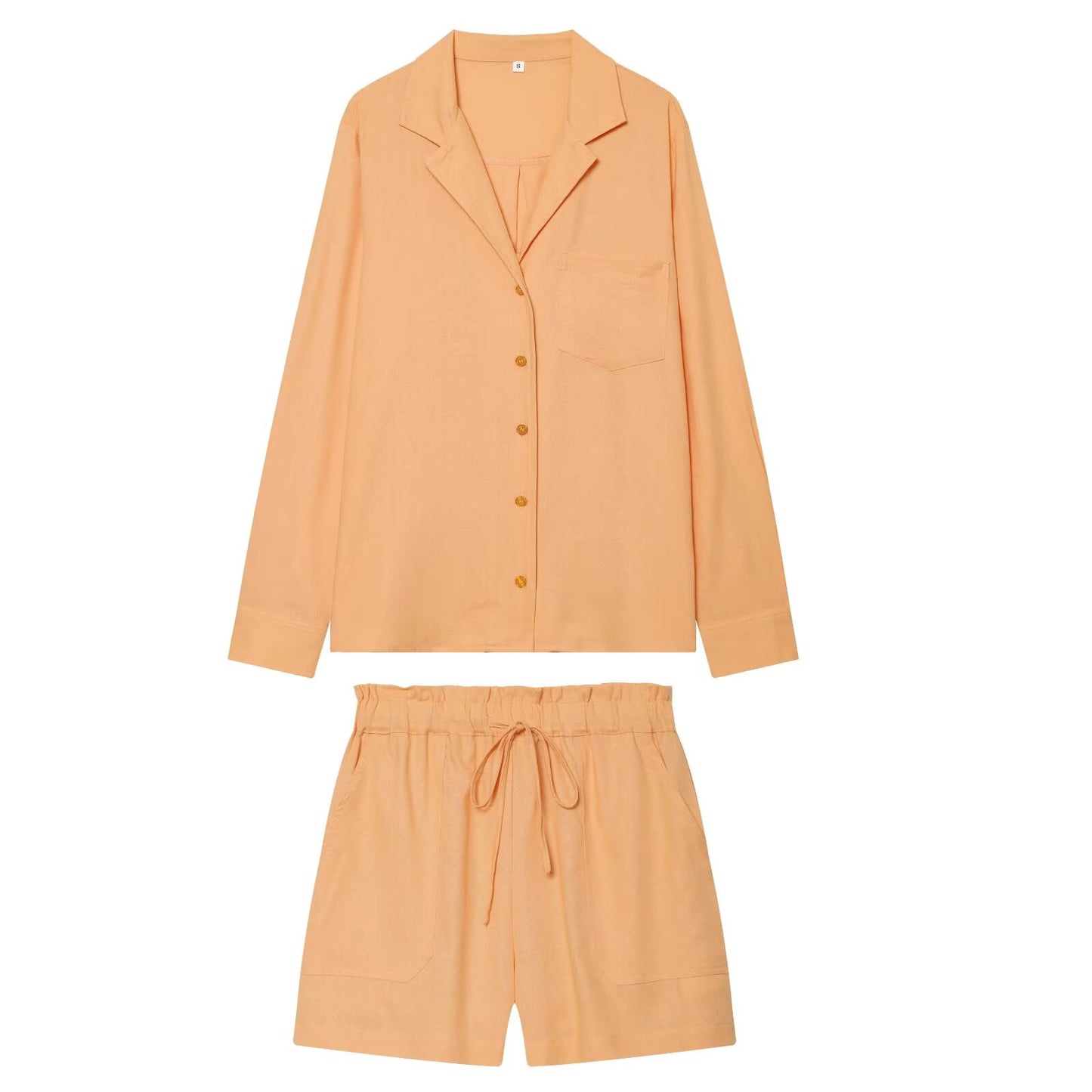 suit Women's 2 pieces pocket decoration linen blend shirt+Pants+ Shorts