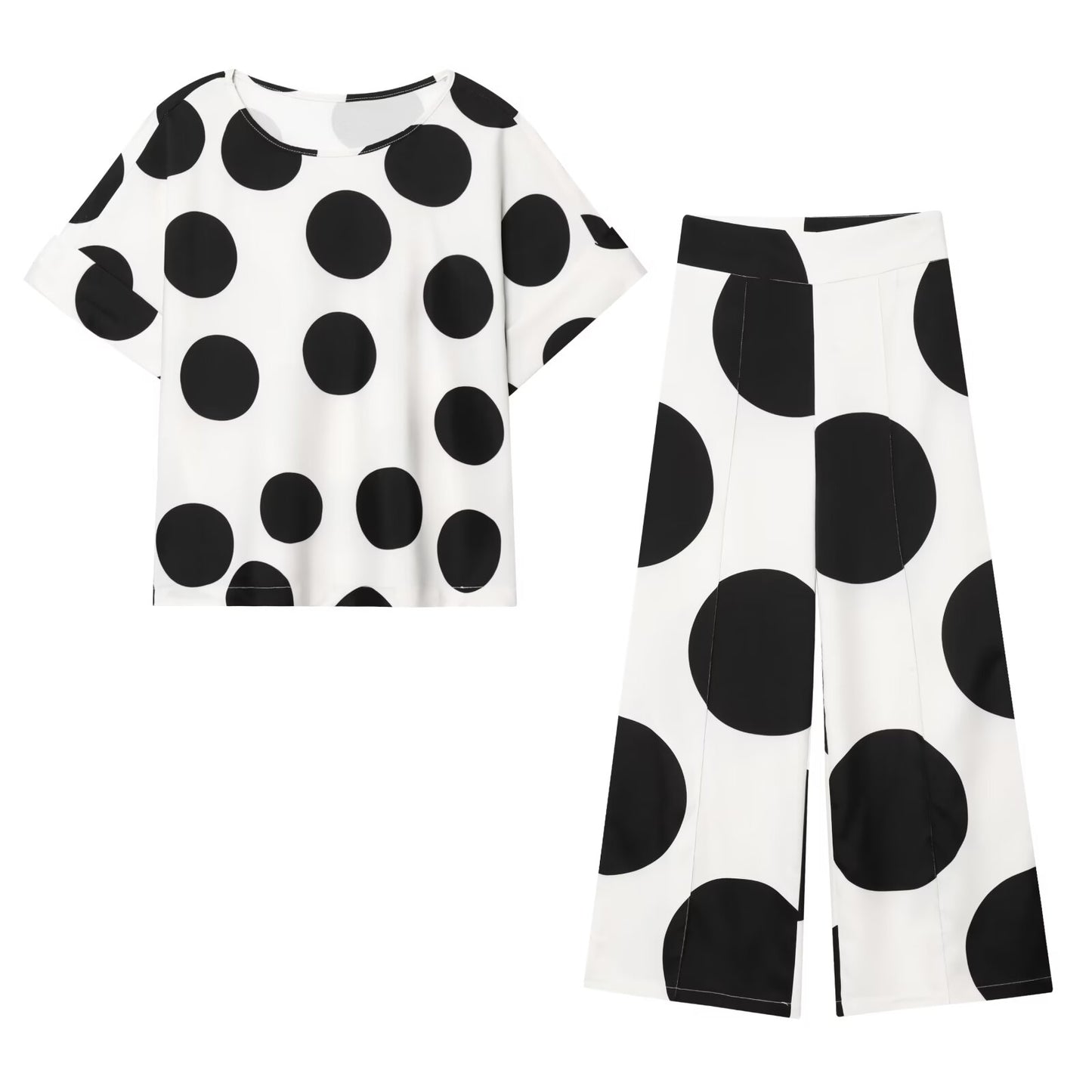suit Women's 2 pieces O Neck short sleeved polka dot top+Pants