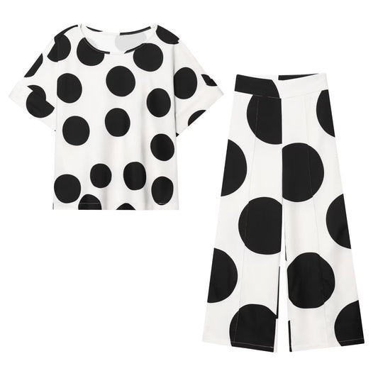 suit Women's 2 pieces O Neck short sleeved polka dot top+Pants
