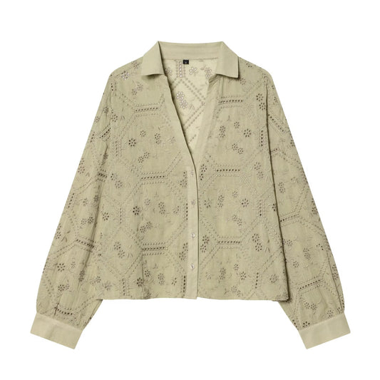 Women's hollowed out embroidered lapel shirt