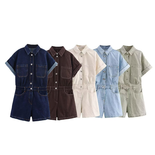 Women's new fashion short sleeved single breasted denim jumpsuit