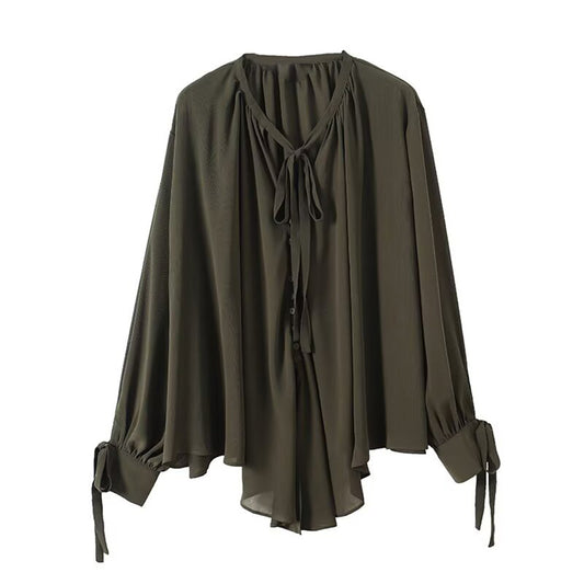 Women's new fashion bow ribbon decoration long sleeved shirt