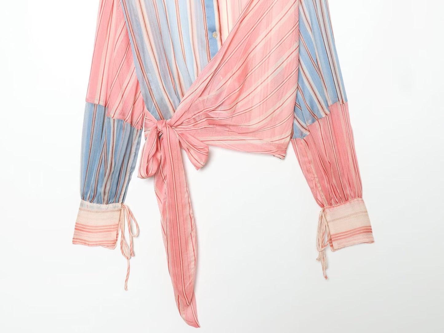 Women's micro transparent striped patchwork lace up shirt