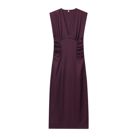 Women's summer fashion sleeveless draped V-neck MIDI dress