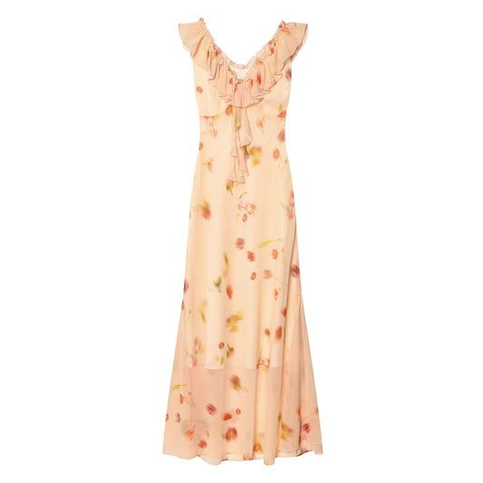 Women's ruffle edge decorative printed MIDI dress