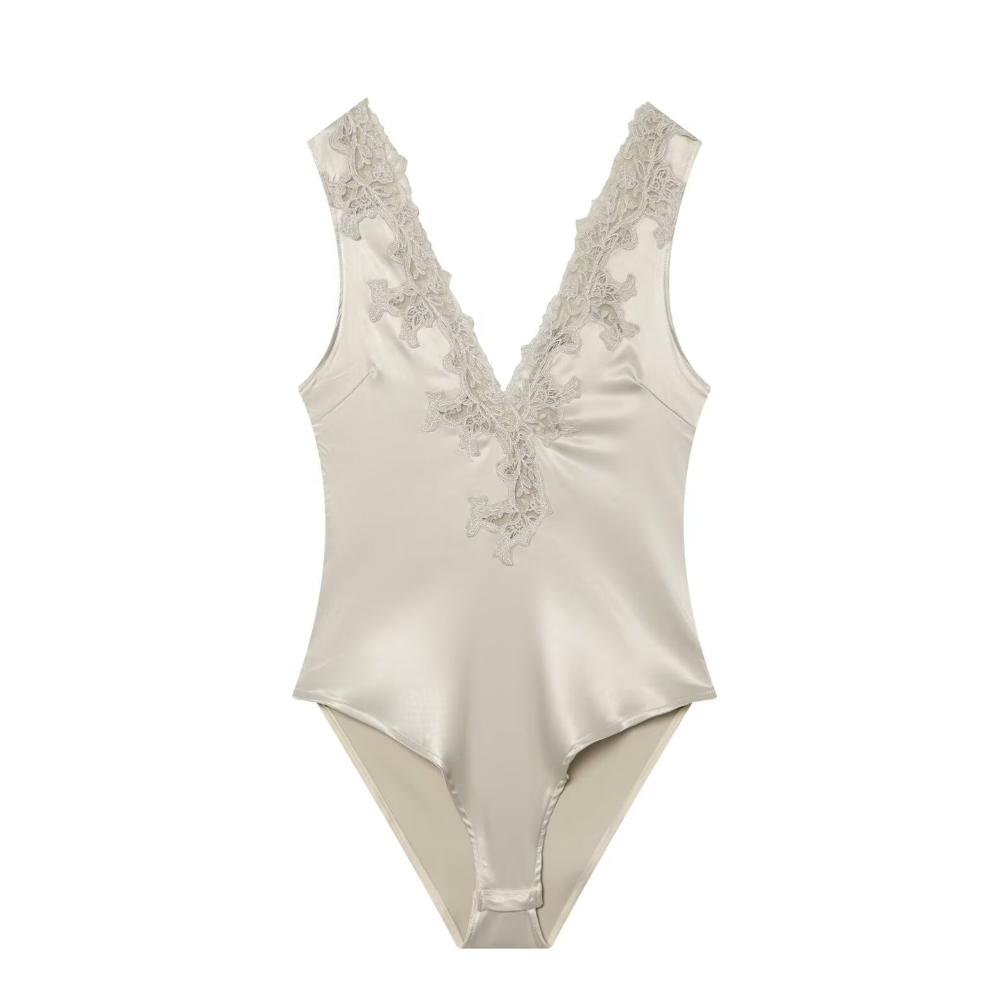 Women's lace decorated satin textured bodysuit