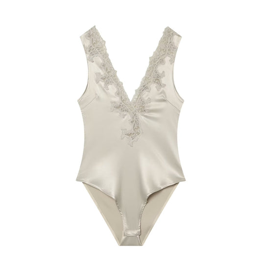 Women's lace decorated satin textured bodysuit