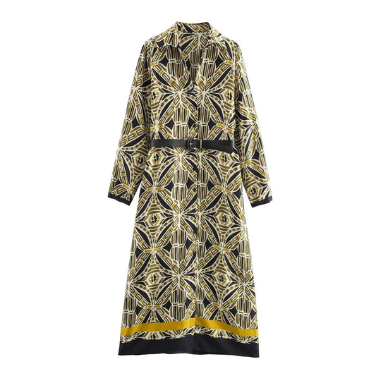 Women's new Chic Fashion belt decoration loose single breasted printed MIDI dress retro lapel long sleeved women's dress Mujer