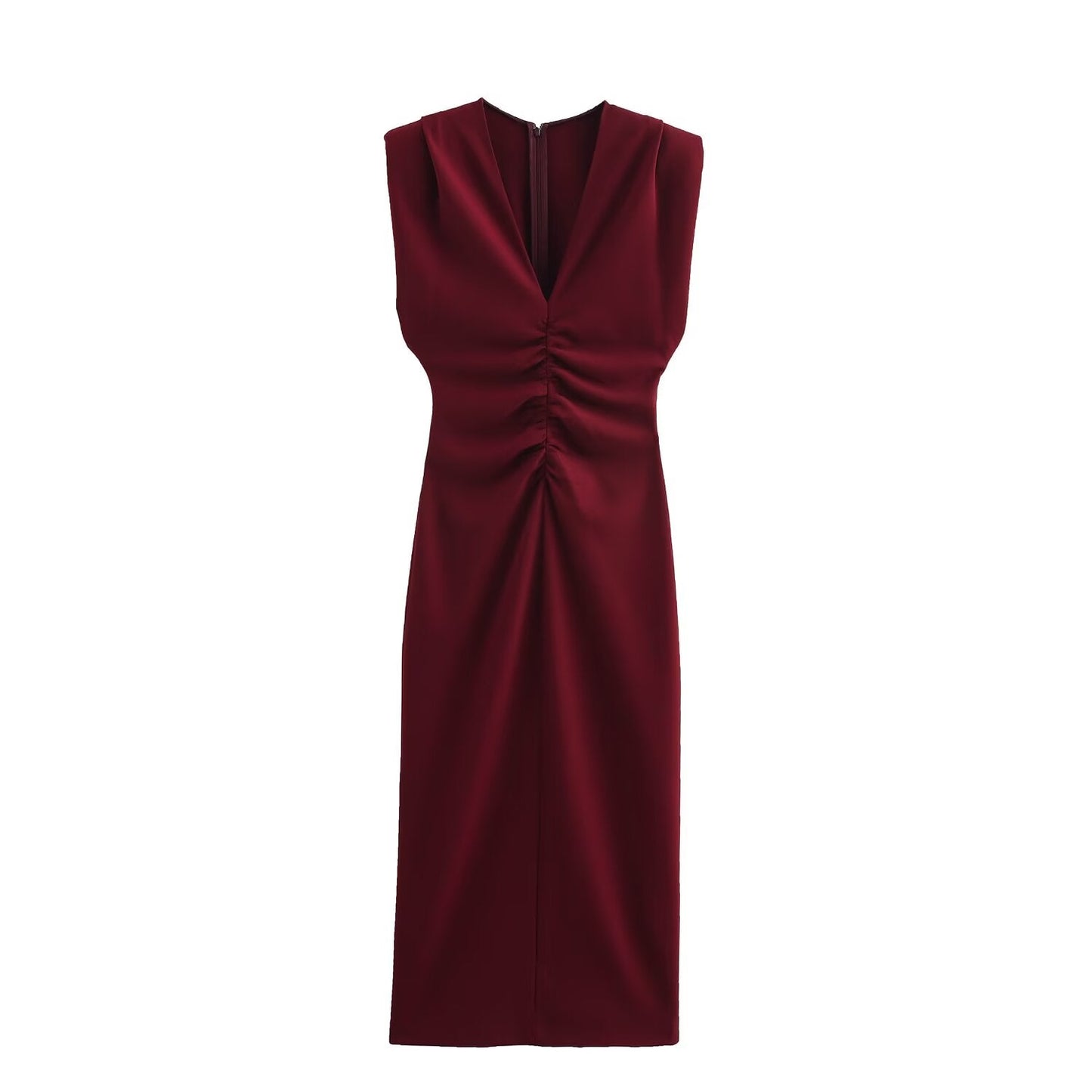 Women's new chic Fashion pleated decoration sexy slim fit V Neck Midi dress retro sleeveless back zipper women's dress Mujer