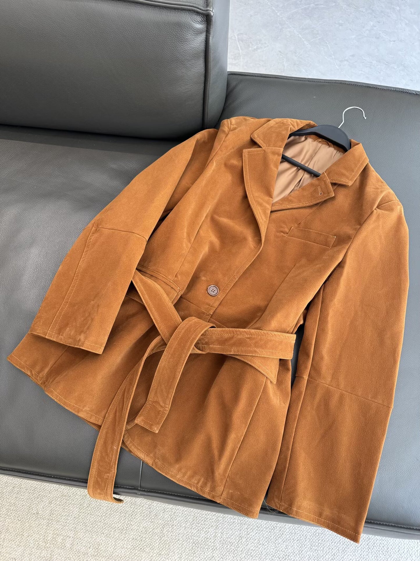 Women's 2025 new fashion with Belt loose suede suit jacket