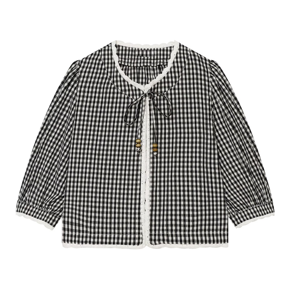 Women's crochet spliced short plaid Coat