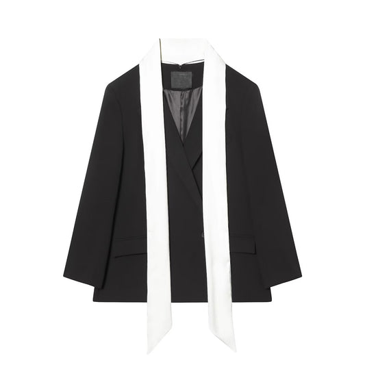 Women's contrasting scarf decoration loose Blazer Coat