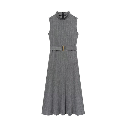 Women's New Fashion With Belt Sleeveless Twill Midi Dress