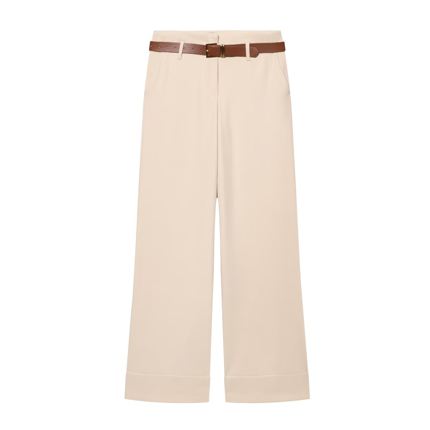 Women's casual high waisted straight leg rolled edge pants