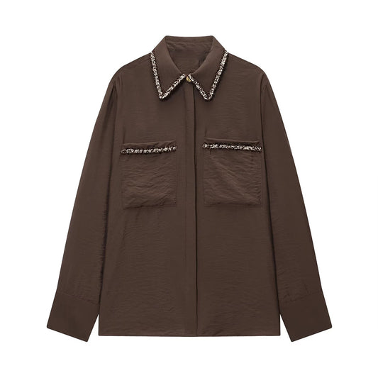 Women's loose patchwork lapel long sleeved shirt