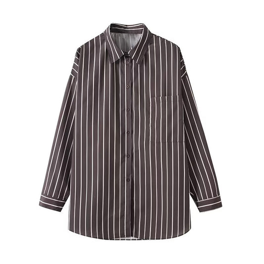 Women's new fashion loose single breasted vertical striped shirt