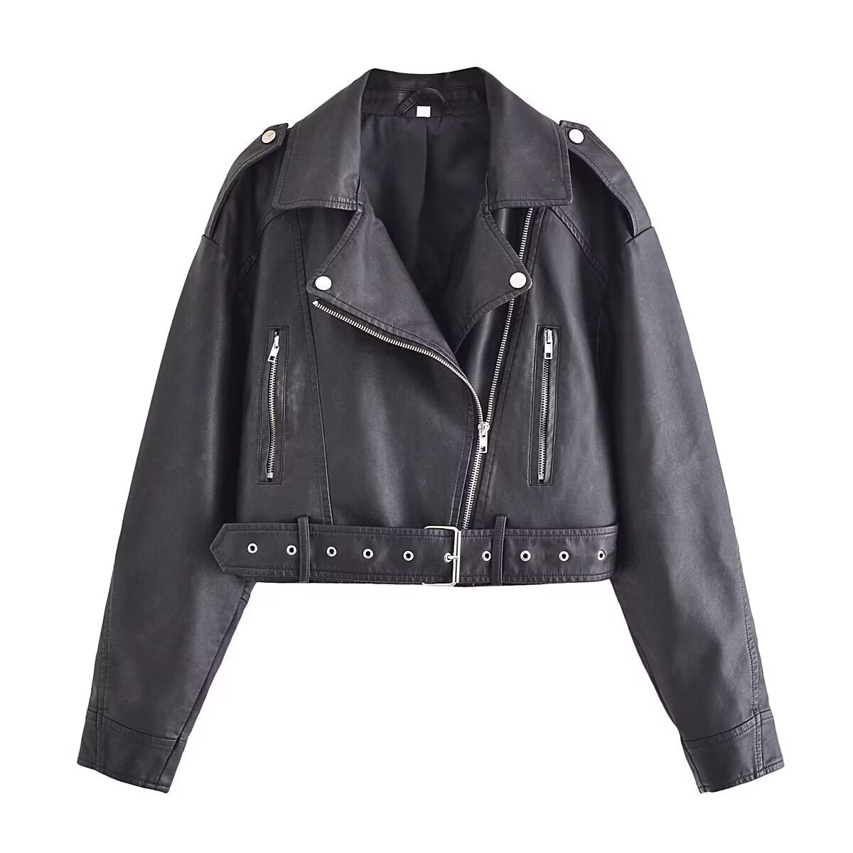 Women's with Belt short Faux Leather jacket Coat