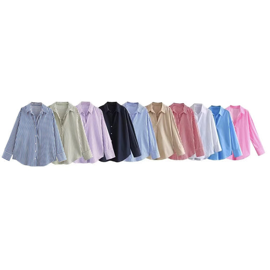 Women's new fashion loose basic style multi-color versatile poplin shirt casual striped shirt retro long sleeved button up women's shirt chic top