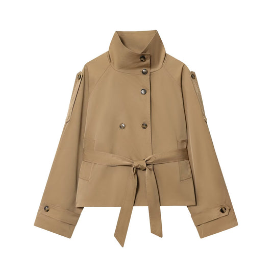 Women's New Fashion With Belt Short Double breasted Windbreaker Coat
