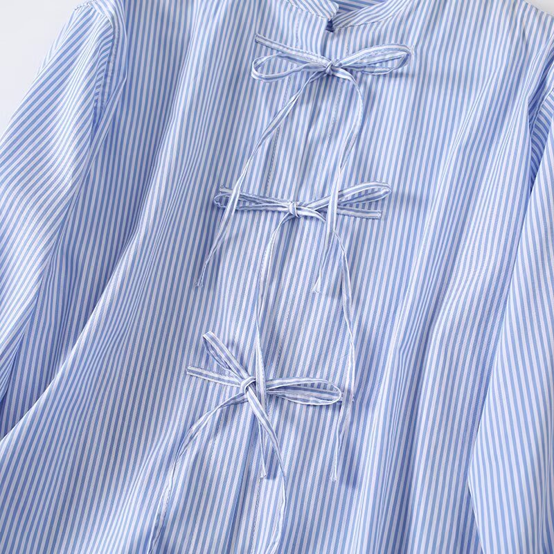Women's loose cotton striped lace up shirt