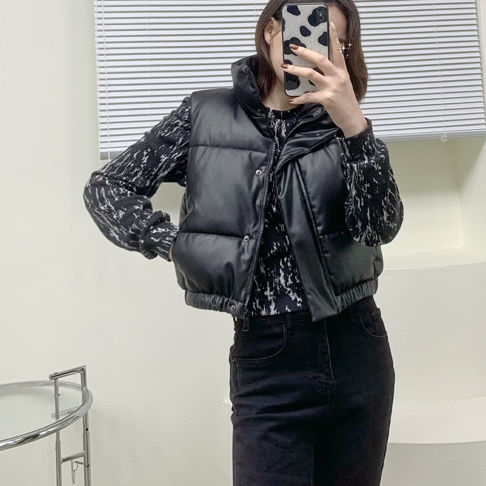 Women's standing collar Faux Leather cotton vest
