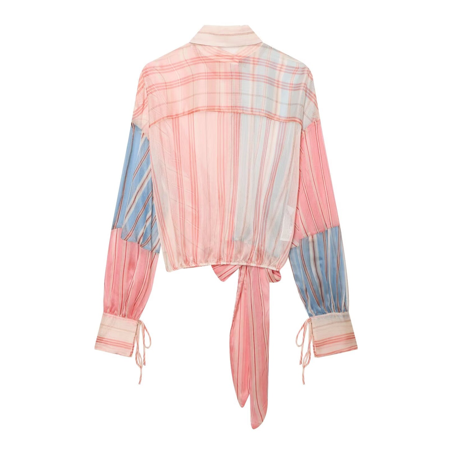 Women's micro transparent striped patchwork lace up shirt