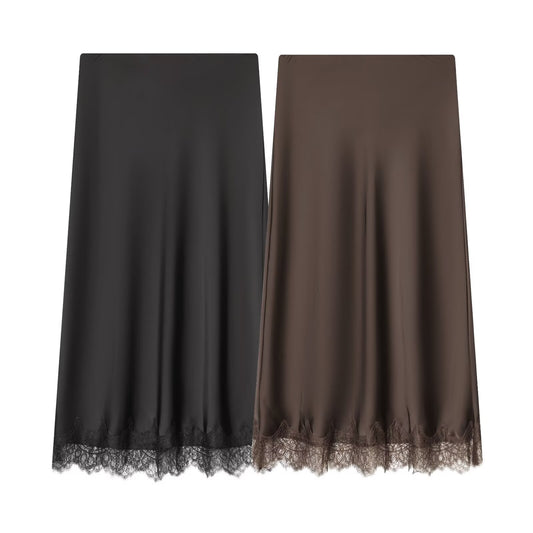 Women's lace hem satin texture MIDI skirt