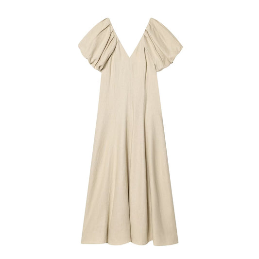 Women's Bubble sleeve Linen Blend Midi Dress