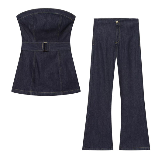 Women's new fashion loose high waisted wide leg jeans+Cowboy top