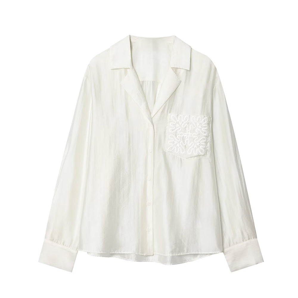 Women's new fashion embroidered pocket decoration long sleeved shirt