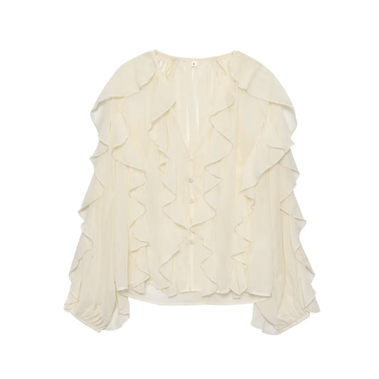 2025 Women's new fashion ruffled V-neck long sleeved shirt