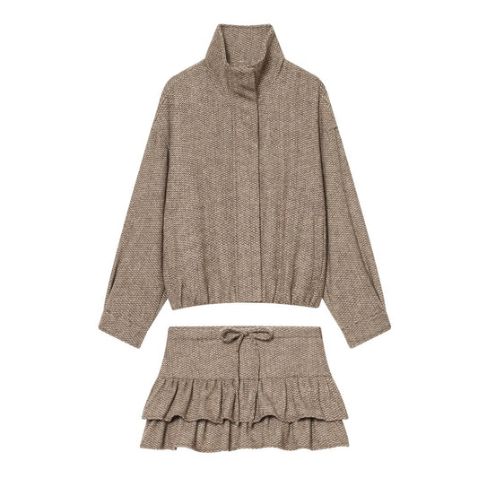 suit Women's 2 pieces standing collar herringbone diagonal jacket Coat +Skirts