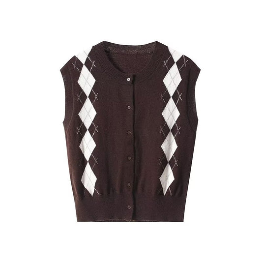 Women's new fashion diamond grid retro knitted vest