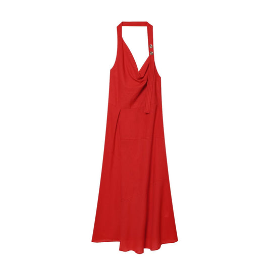 Women's linen blend hanging collar MIDI dress