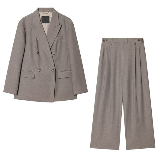 Women's loose double breasted lapel Blazer Coat +Pants