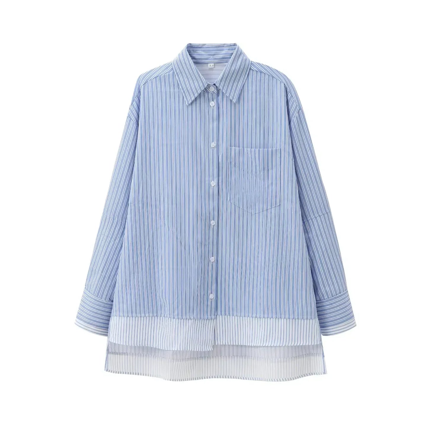 Women's new fashion pocket decoration asymmetrical shirt poplin striped shirt retro long sleeved button up Female shirt chic top