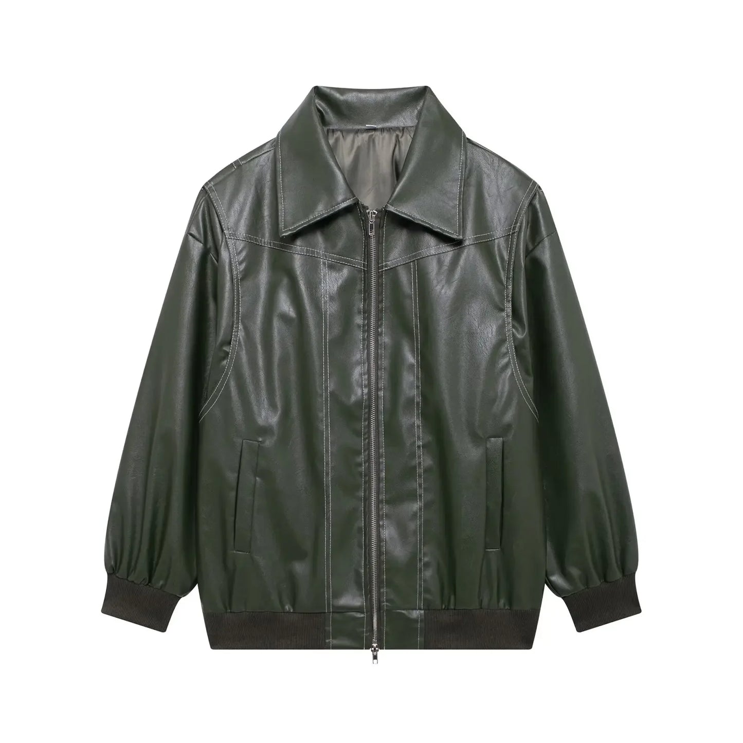 Women's new Fashion loose side pocket casual imitation leather jacket coat retro lapel long sleeved women's coat chic top