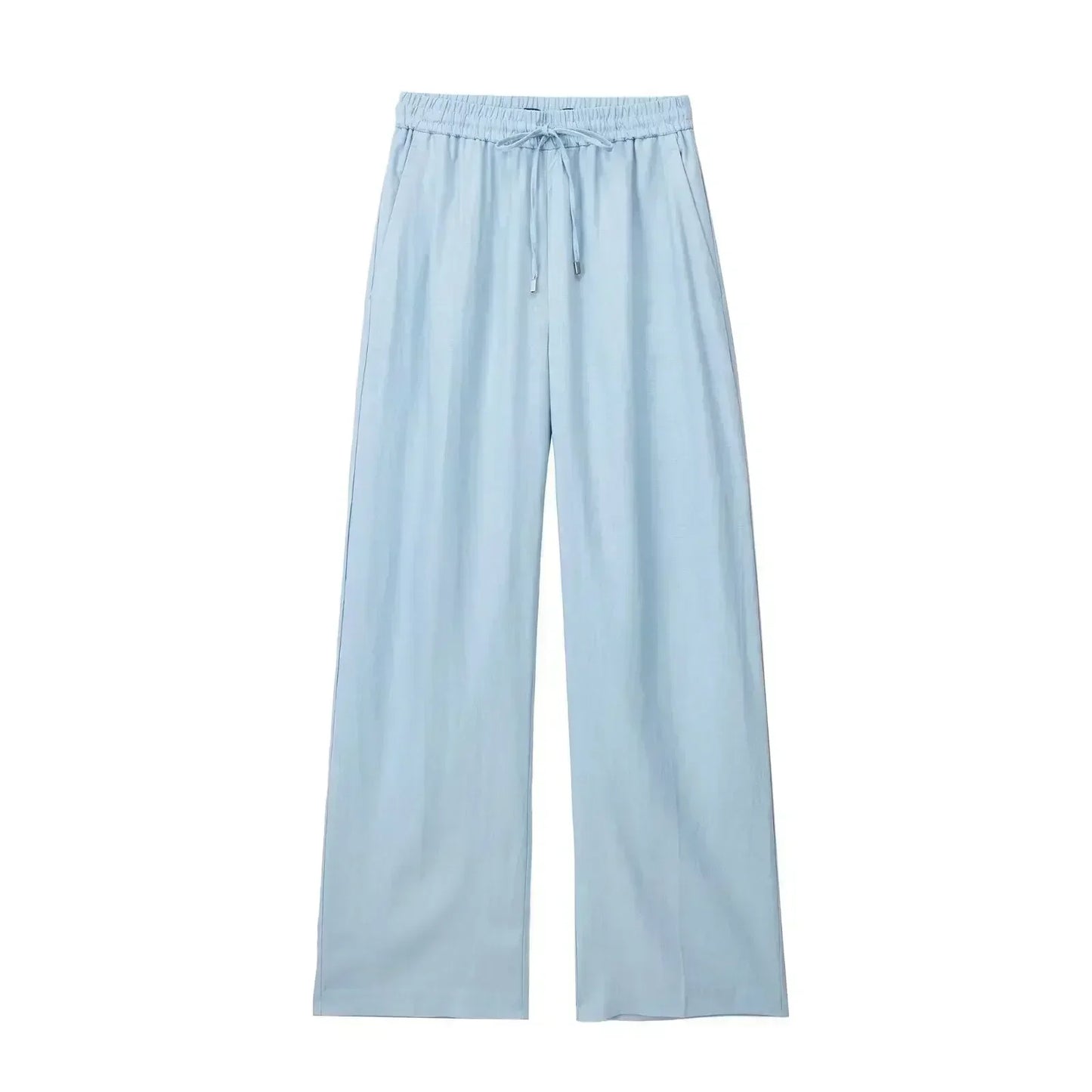 Women's New Chic Fashion Loose Side Pocket Linen Blended Wide Leg Pants Retro Elastic Waist Drawstring Women's Pants Mujer